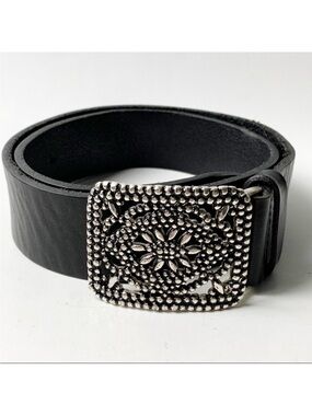 Fossil Black Leather Belt with Silver Buckle Sz M